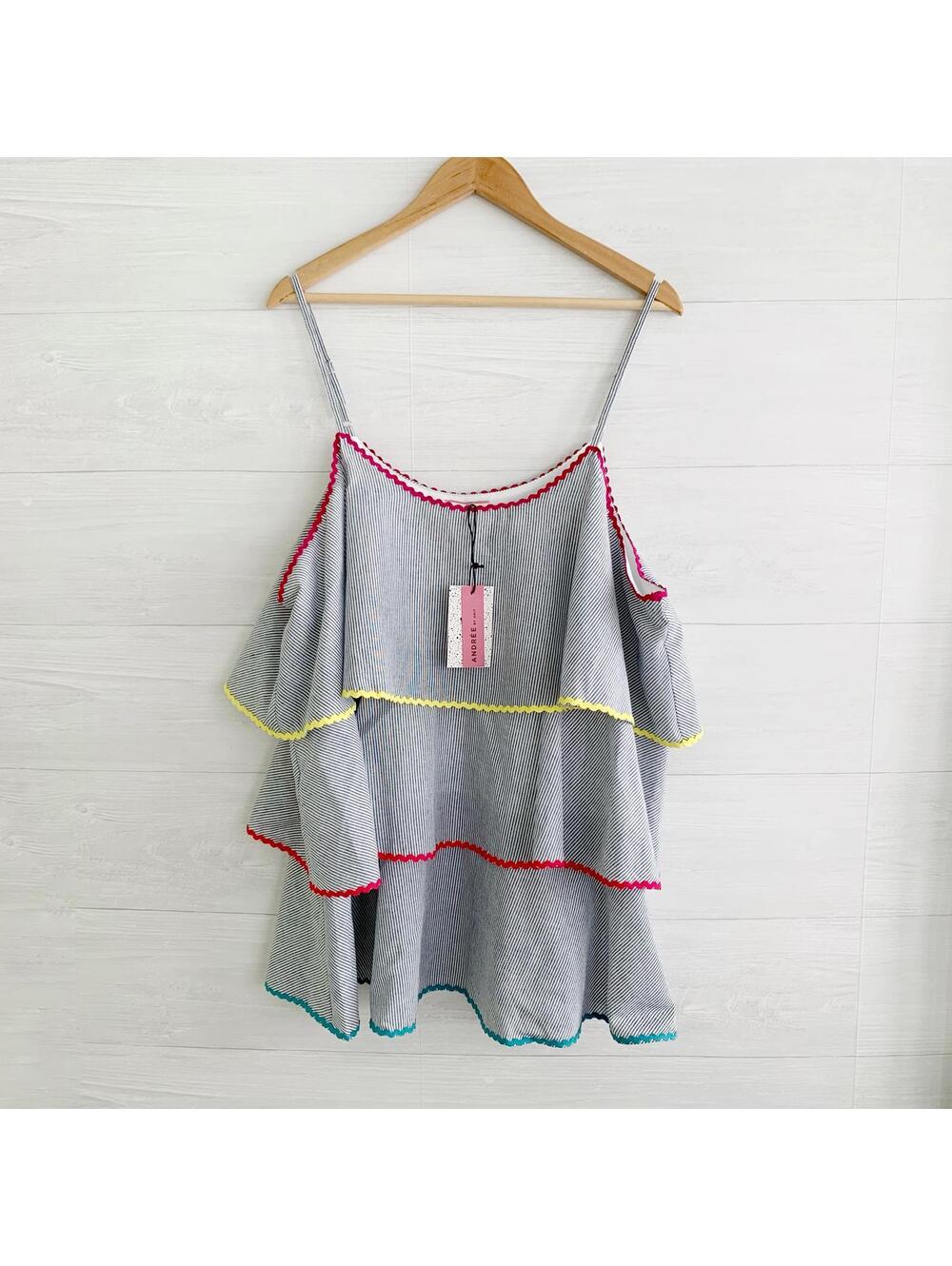 NWT Andree by Unit Blue Stripe Tiered Ruffle Tank 2X Plus Rainbow Ric Rac